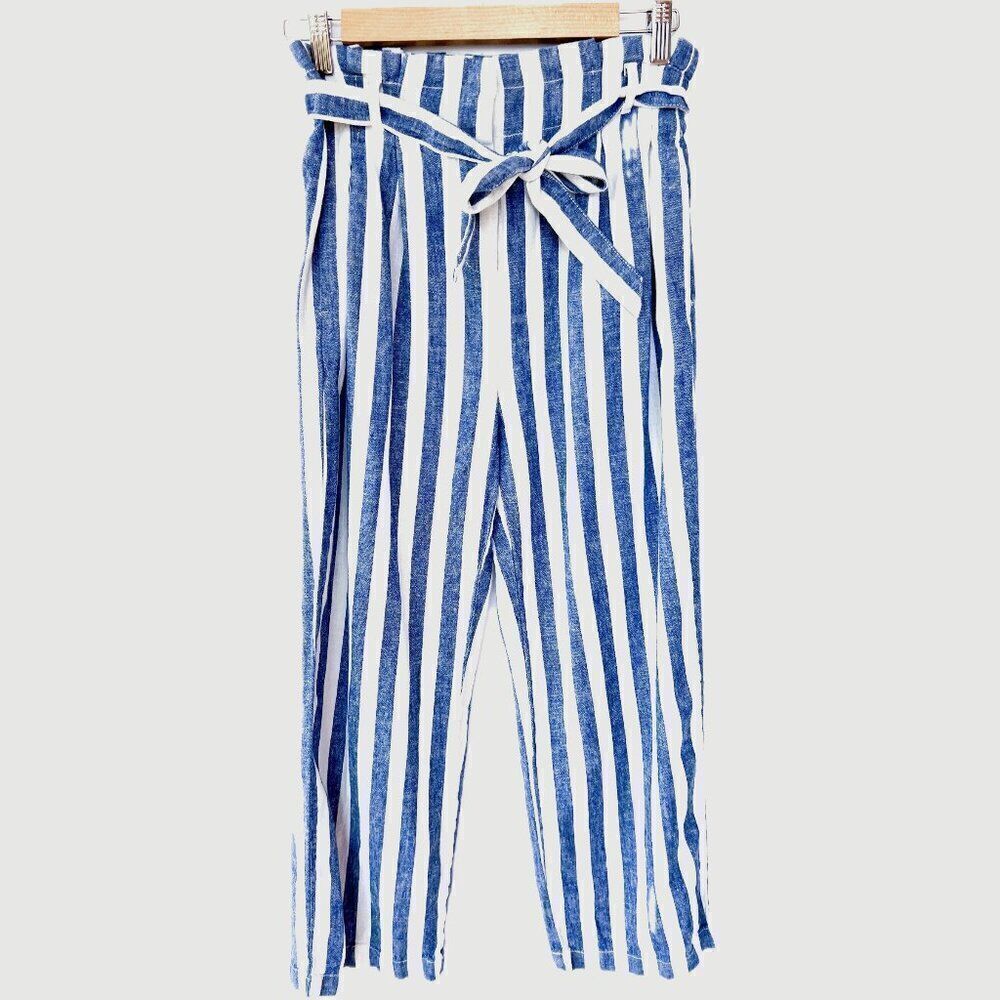 J. Crew Factory Blue White Striped Linen Cotton Paper-bag Pant 0